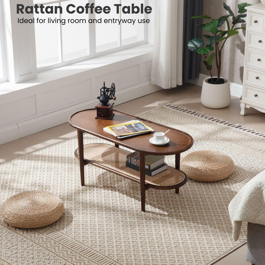 Oval 2-Tier Coffee Table with Rattan Storage Shelf M252477