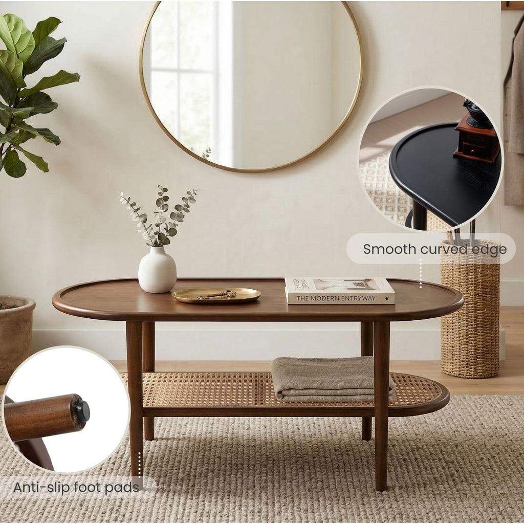 Oval 2-Tier Coffee Table with Rattan Storage Shelf M252477