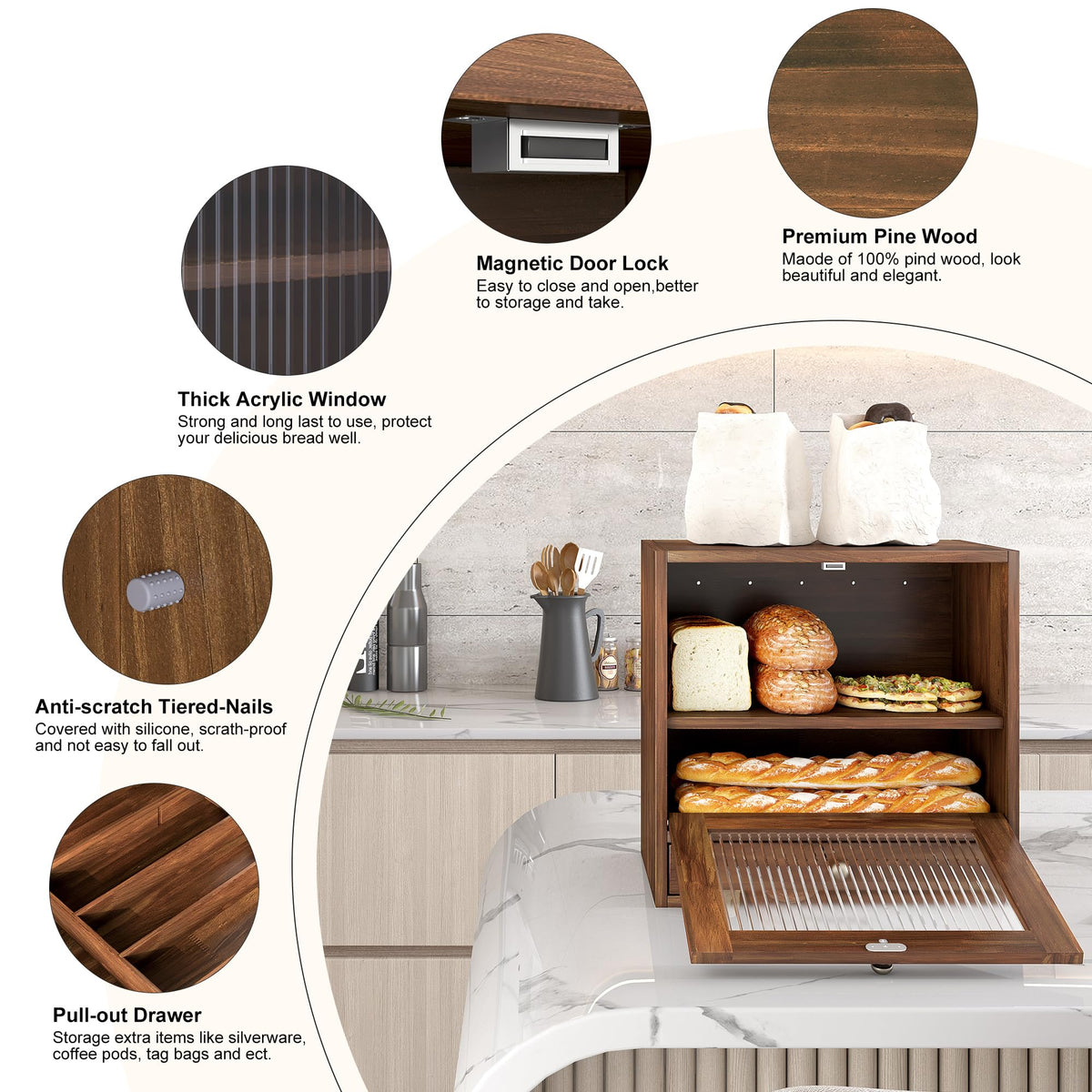 Wooden Bread Box with Drawer & Window P698736