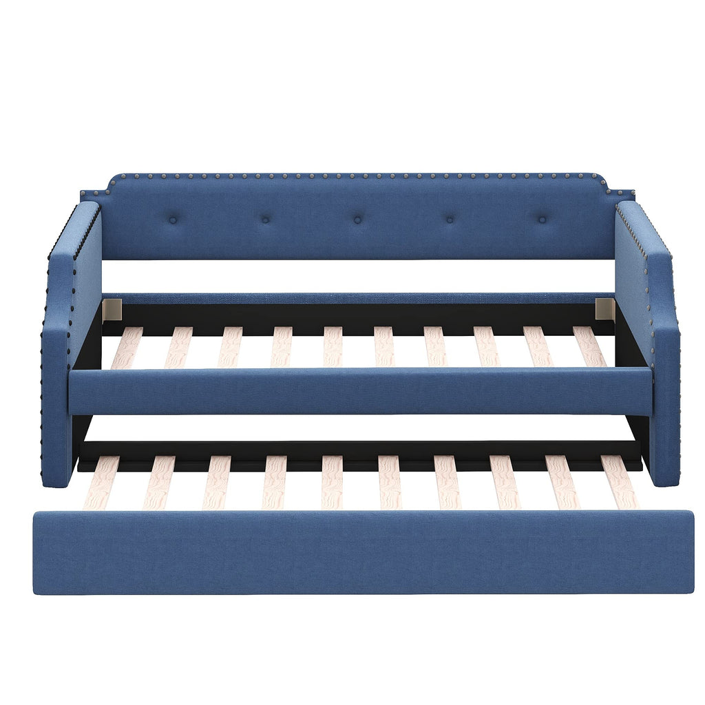 Blue Linen Upholstered Daybed with Trundle Twin Size X68012