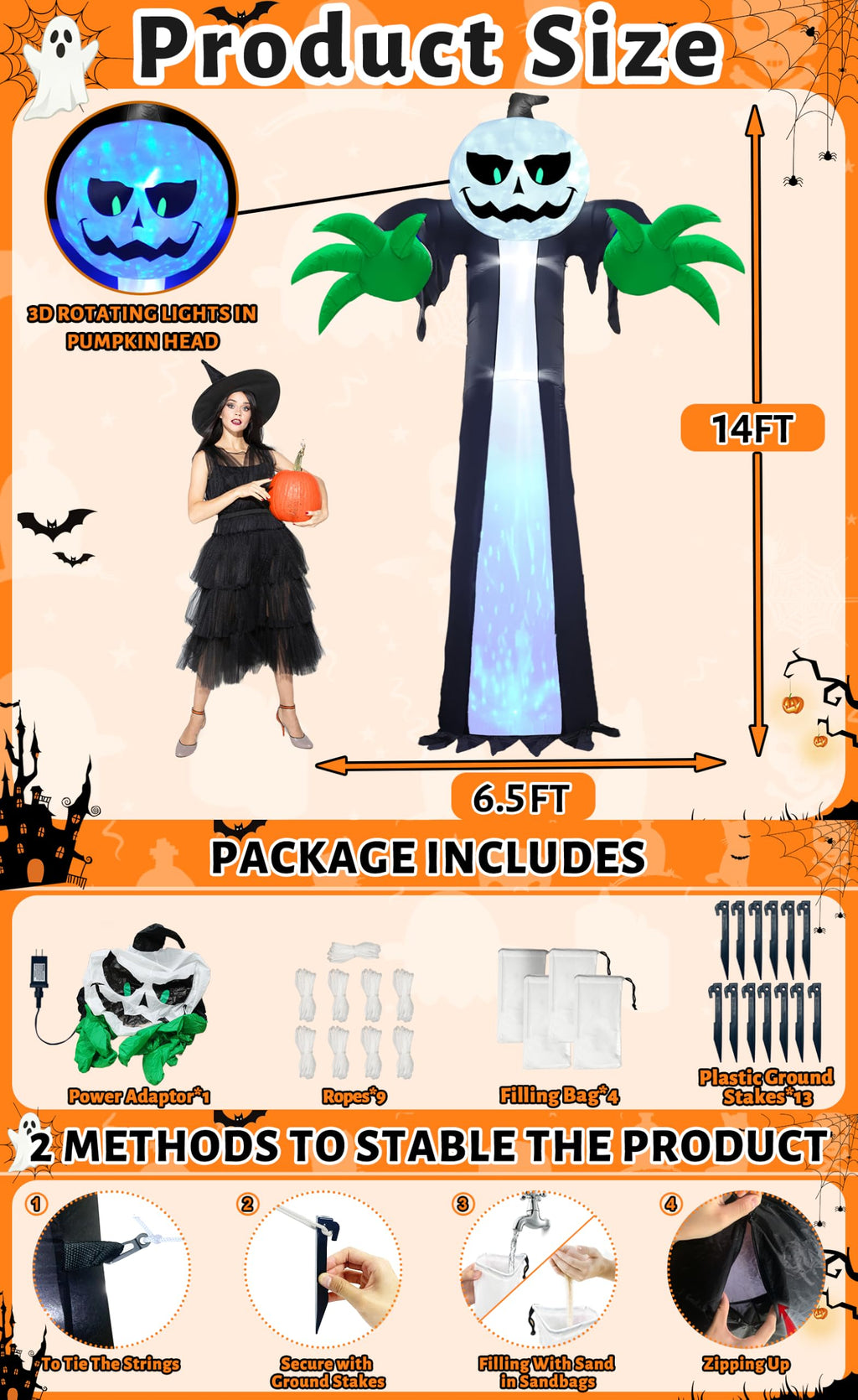 14 Ft Inflatable Pumpkin Ghost Decoration with Rotating LED Light O5179