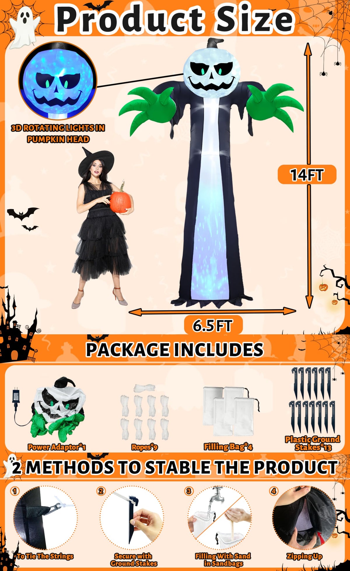 14 Ft Inflatable Pumpkin Ghost Decoration with Rotating LED Light O5179