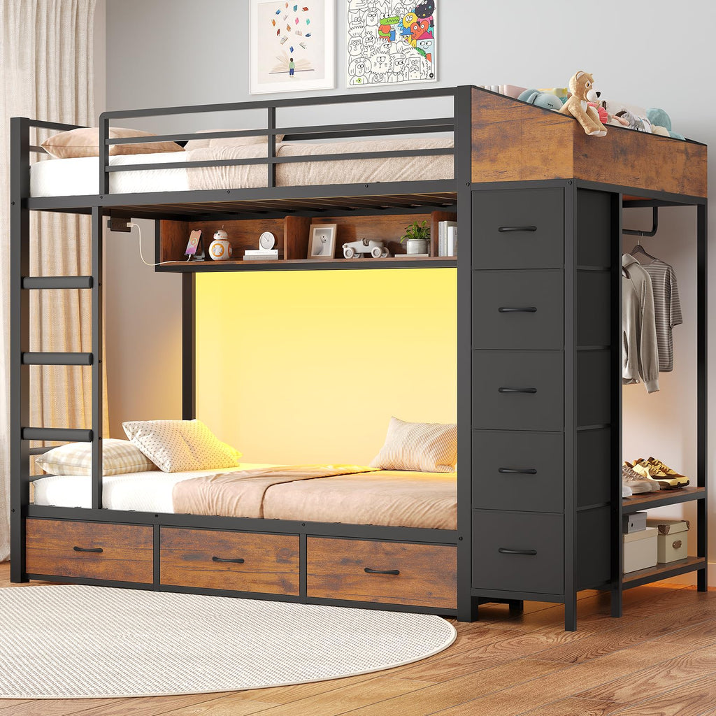 Twin Over Twin Bunk Bed with 8 Storage Drawers and Power Outlets, LED Metal Bunk Bed with Ladder, Black D90557