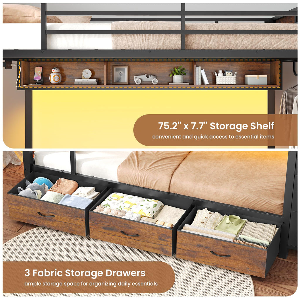 Twin Over Twin Bunk Bed with 8 Storage Drawers and Power Outlets, LED Metal Bunk Bed with Ladder, Black D90557
