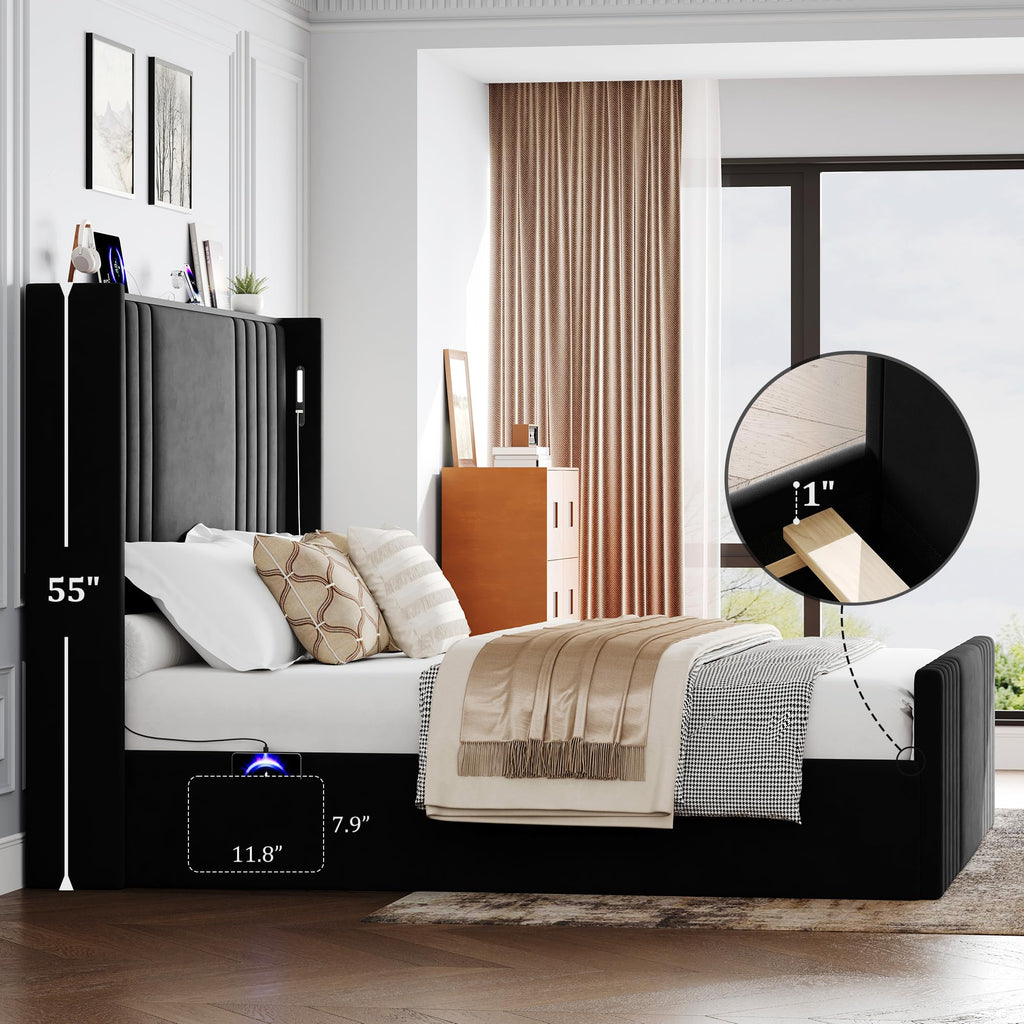 Queen Size Platform Bed Frame with Reading Lights Q18464