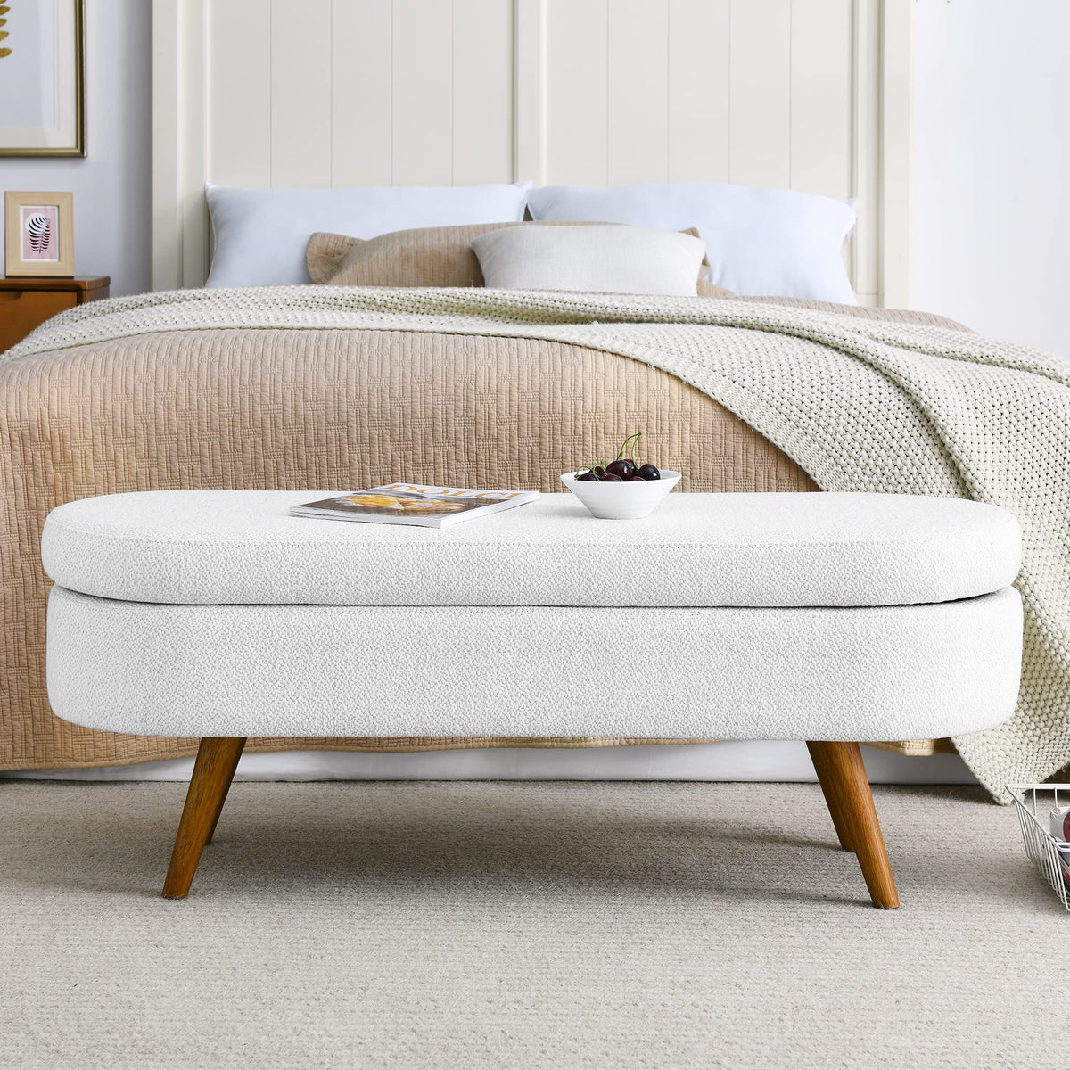 White Storage Bench with Rubber Wood Legs K919