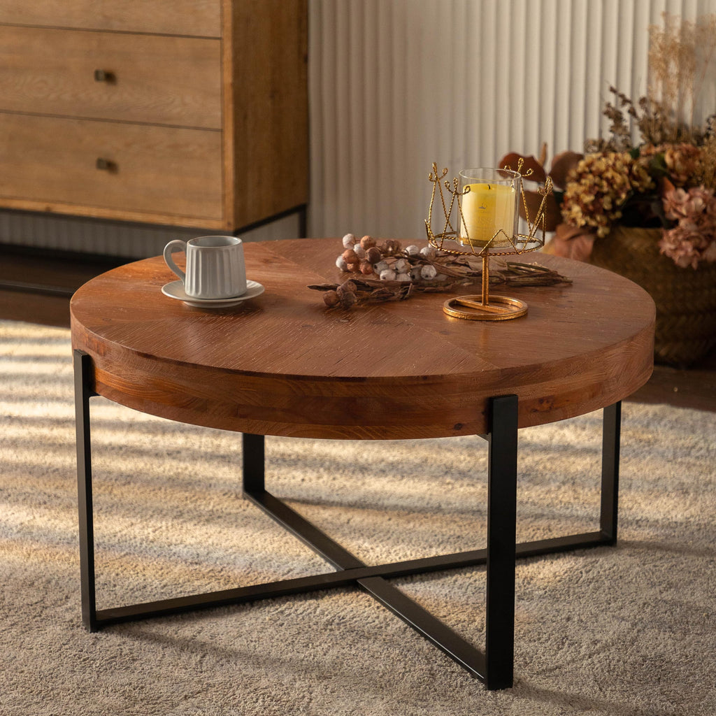 Round Coffee Table with Fir Wood Top and Black Cross Legs D196325