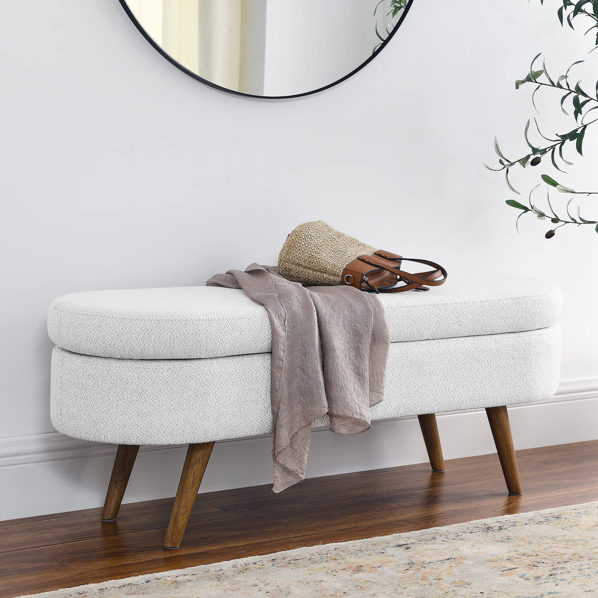 White Storage Bench with Rubber Wood Legs K919