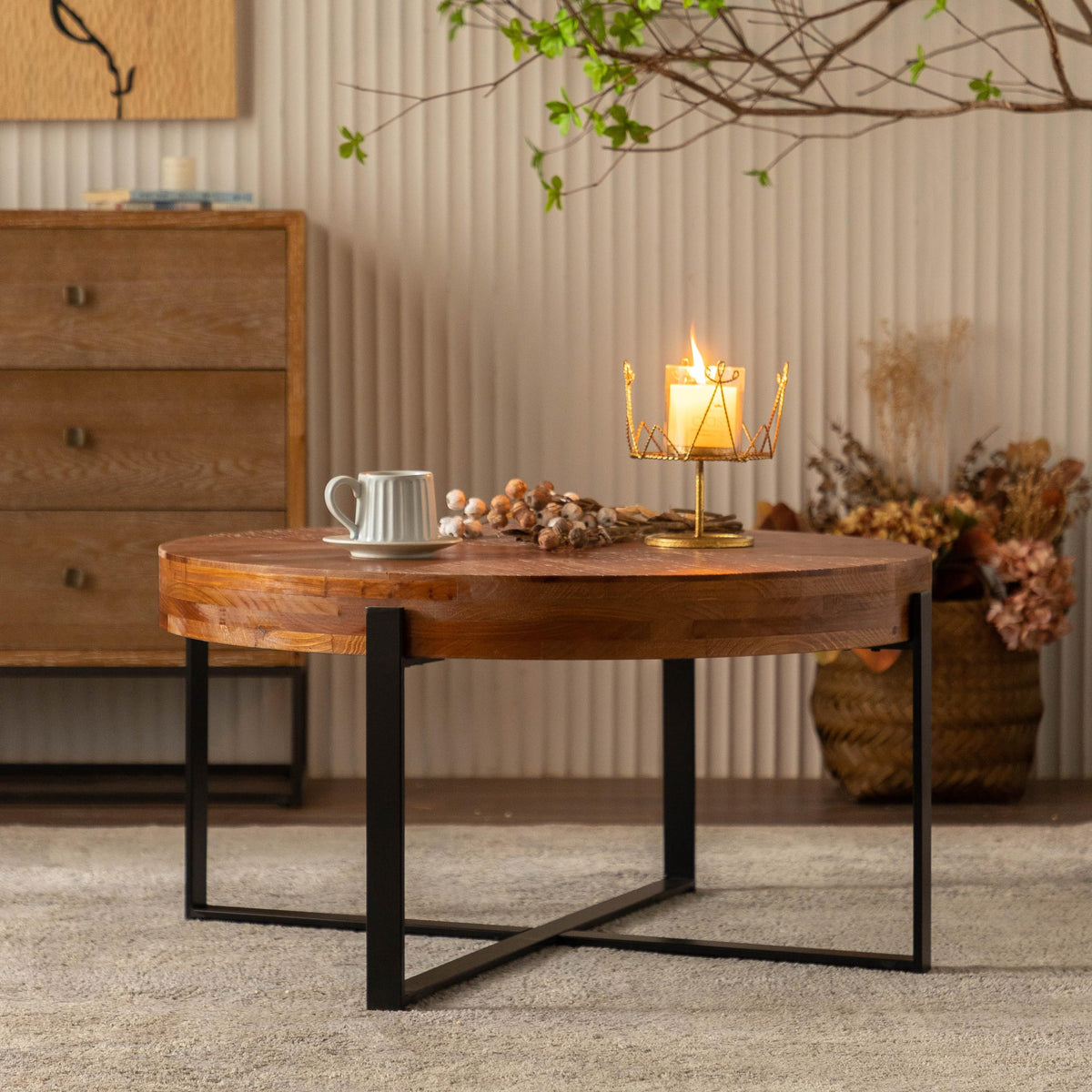 Round Coffee Table with Fir Wood Top and Black Cross Legs D196325