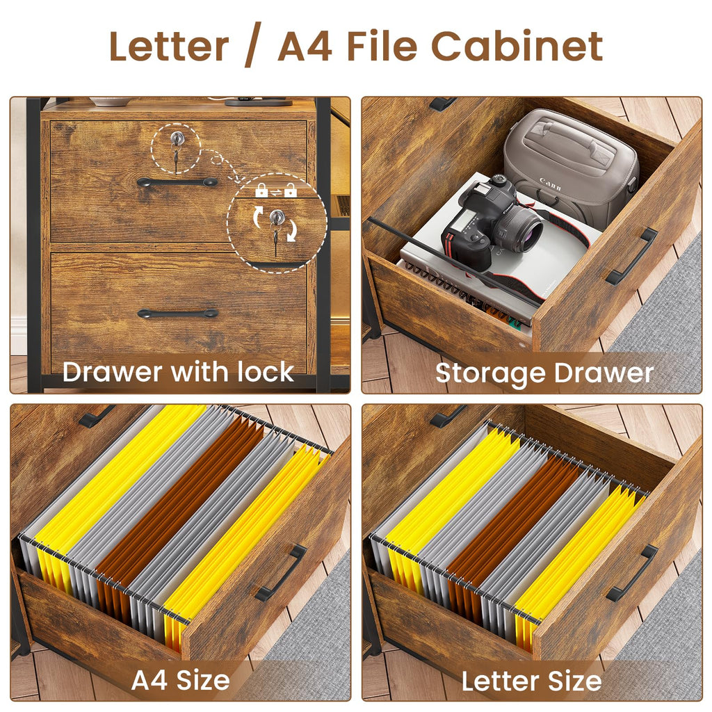 35.4” File Cabinet with 2 Drawer, Power Strip, LED Lights, Lock, Open Shelf, Rustic Brown U169059