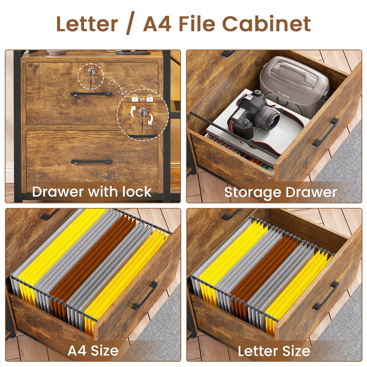 35.4” File Cabinet with 2 Drawer, Power Strip, LED Lights, Lock, Open Shelf, Rustic Brown U169059