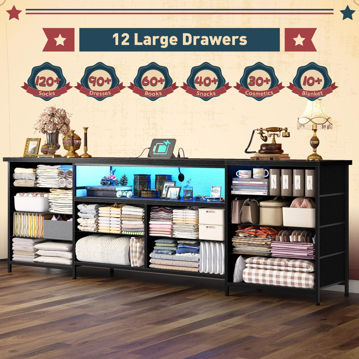 63" Dresser with 12 Fabric Drawers B468