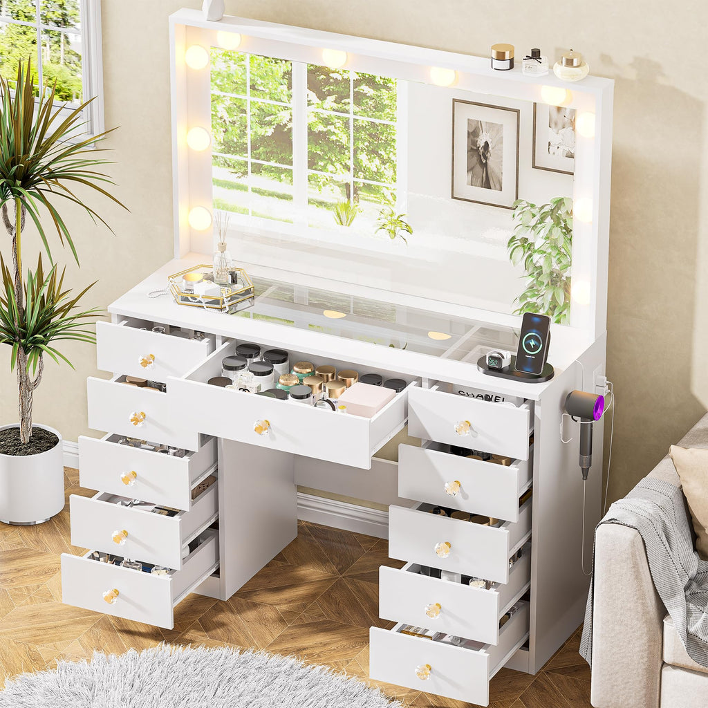 White Vanity Desk with Mirror 10 LED Lights 11 Drawers W328556