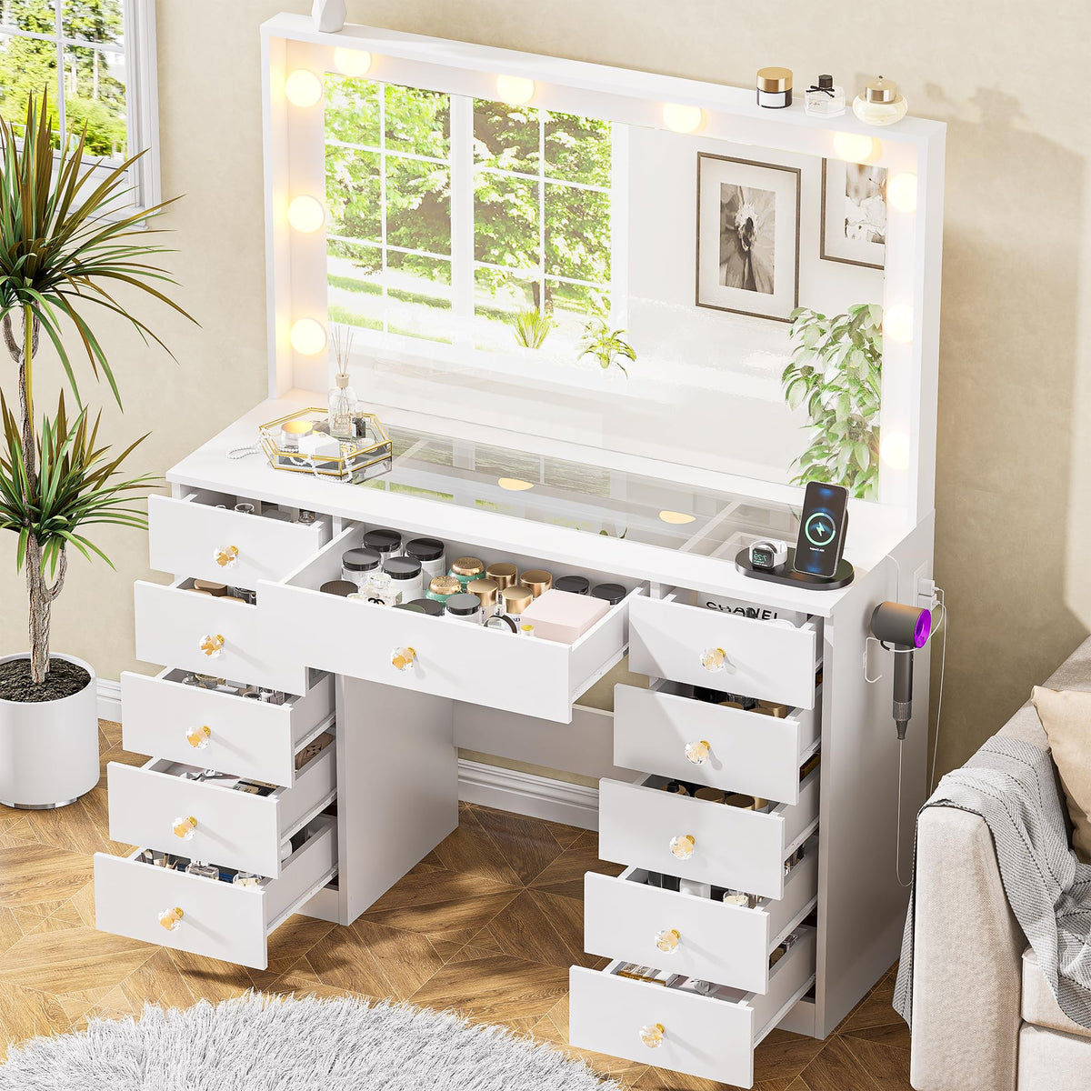 White Vanity Desk with Mirror 10 LED Lights 11 Drawers W328556