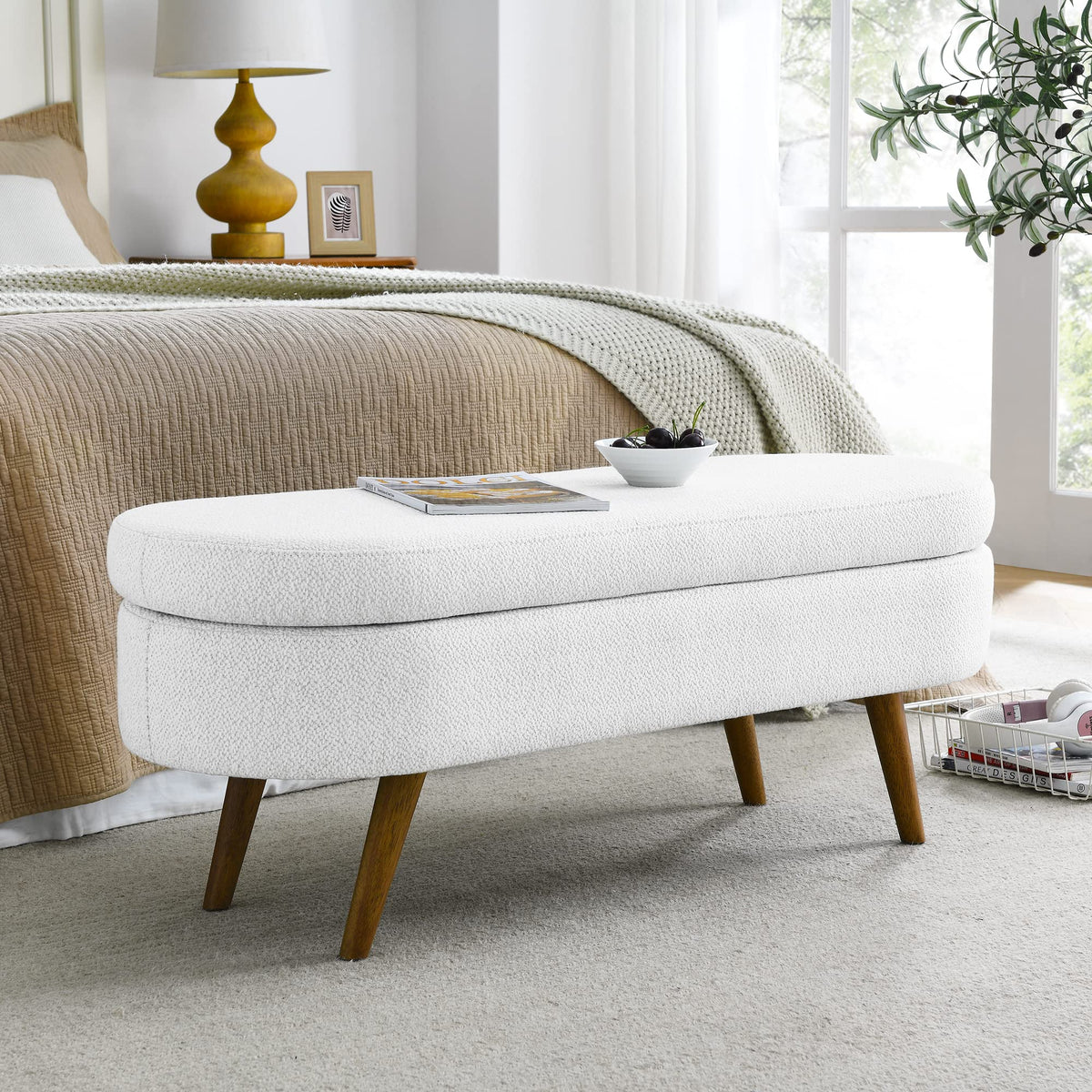 White Storage Bench with Rubber Wood Legs K919