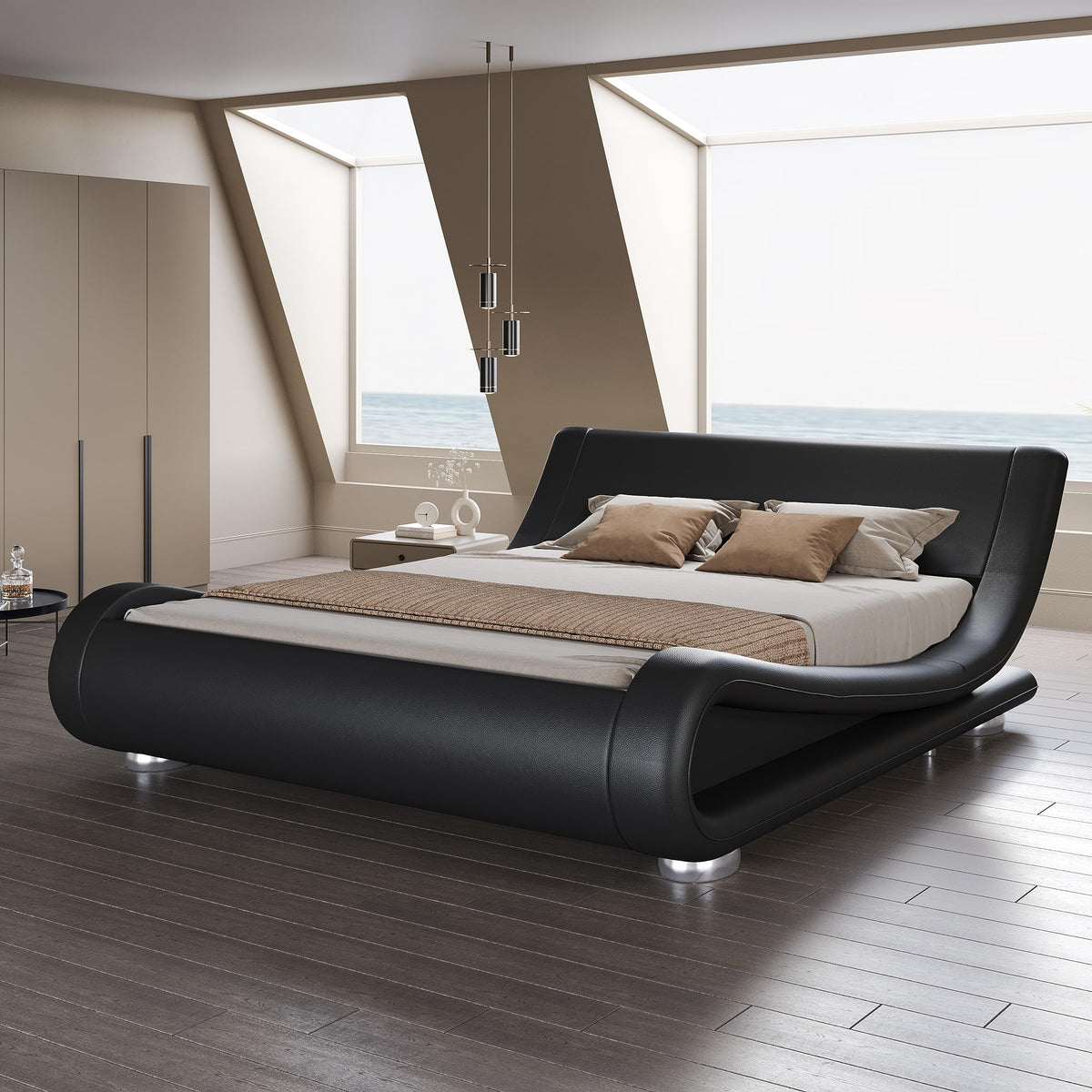 Queen Size Faux Leather Sleigh Bed Frame P9045