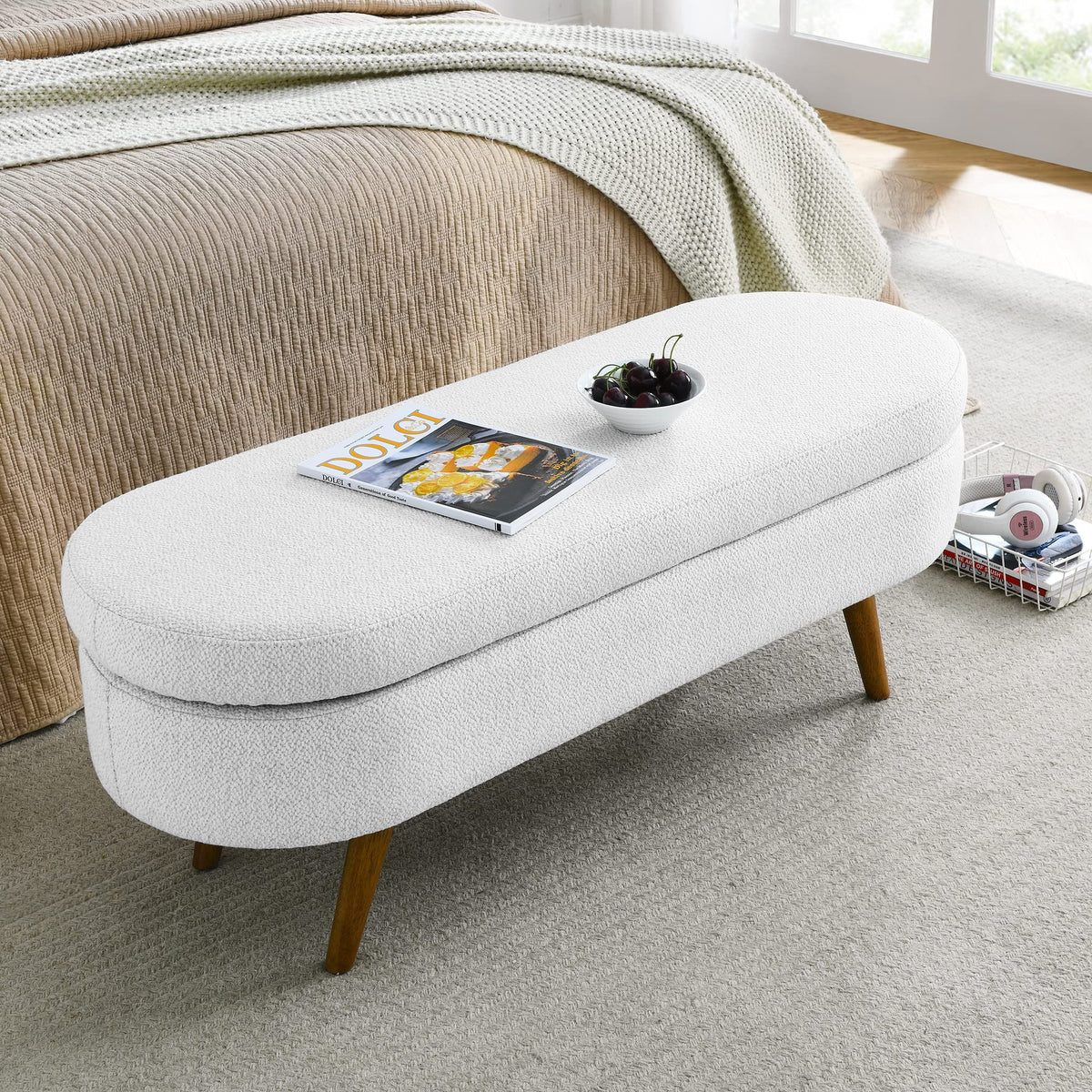 White Storage Bench with Rubber Wood Legs K919