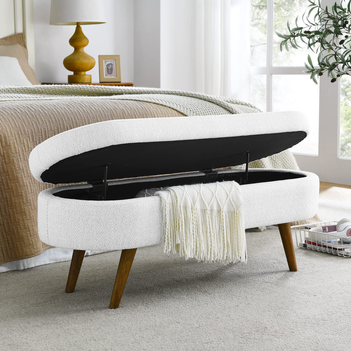 White Storage Bench with Rubber Wood Legs K919