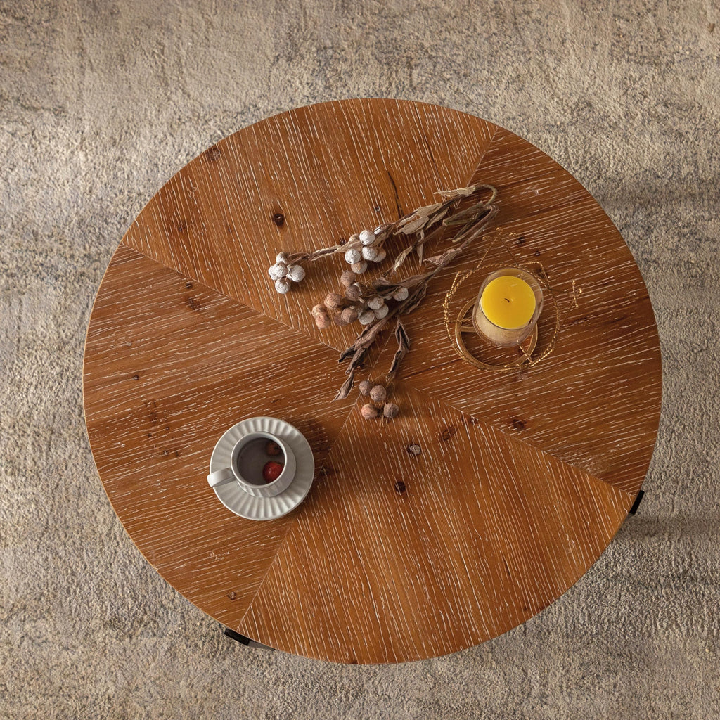Round Coffee Table with Fir Wood Top and Black Cross Legs D196325